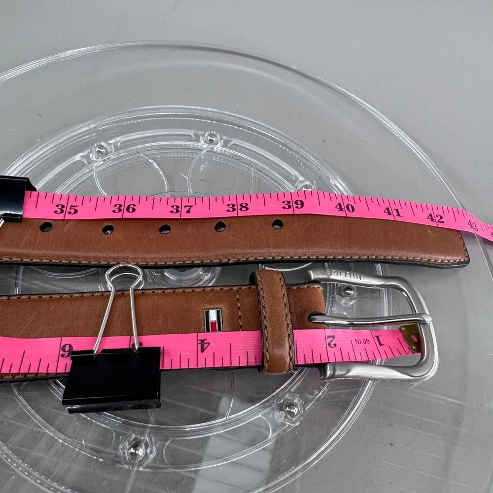 Tommy Hilfiger Mens Brown Genuine Leather Belt Silver Buckle Size 34/85